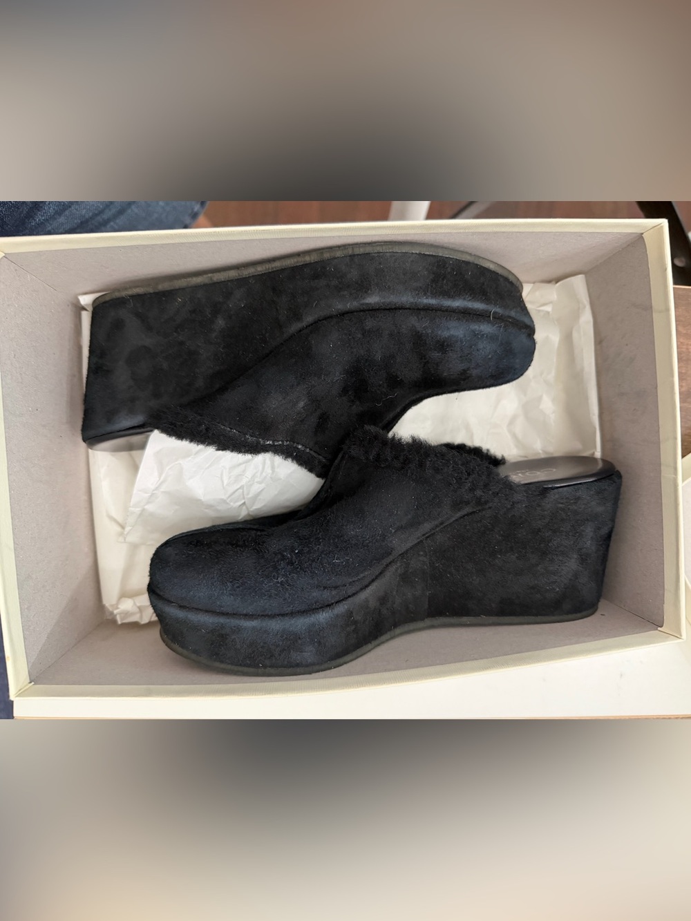 Cordani Black Suede Platform Mules with Shearling Inside and Trim Size 36